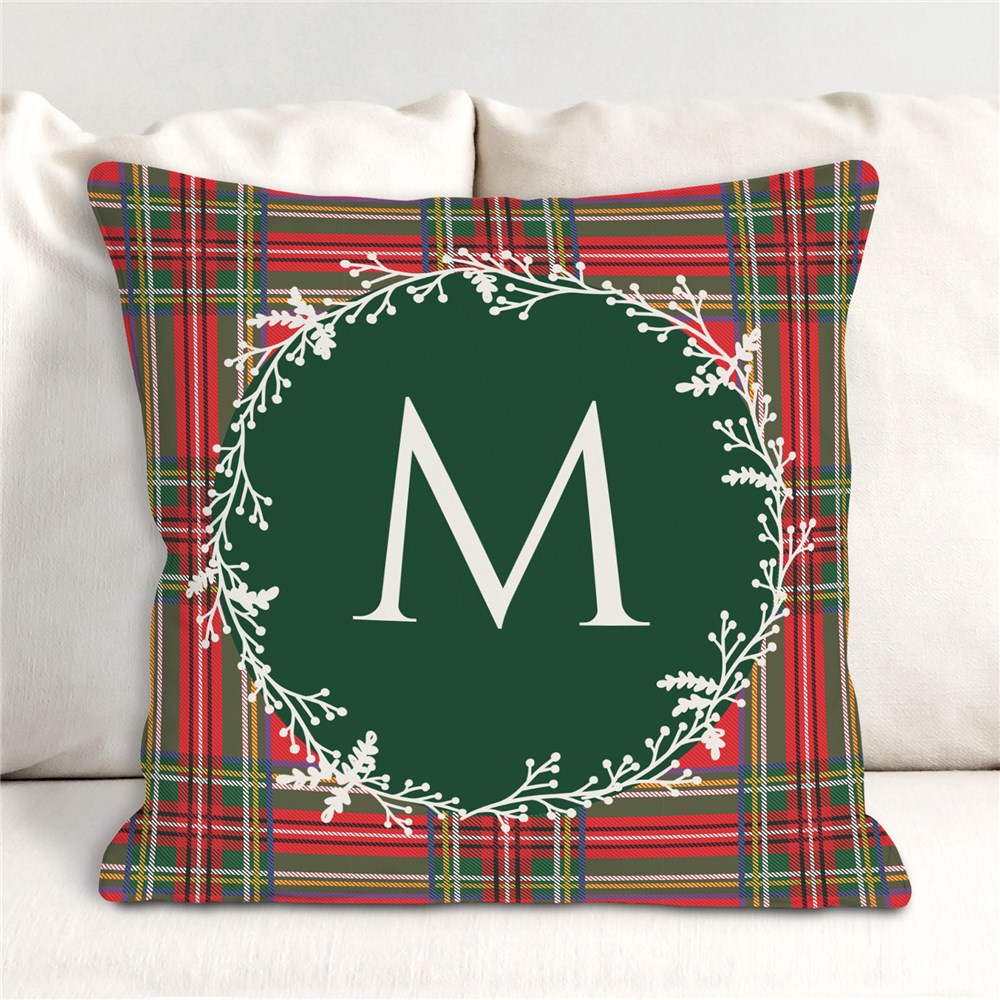 Tartan Plaid Wreath Initial Personalized Throw Pillow | Christmas Throw Pillows