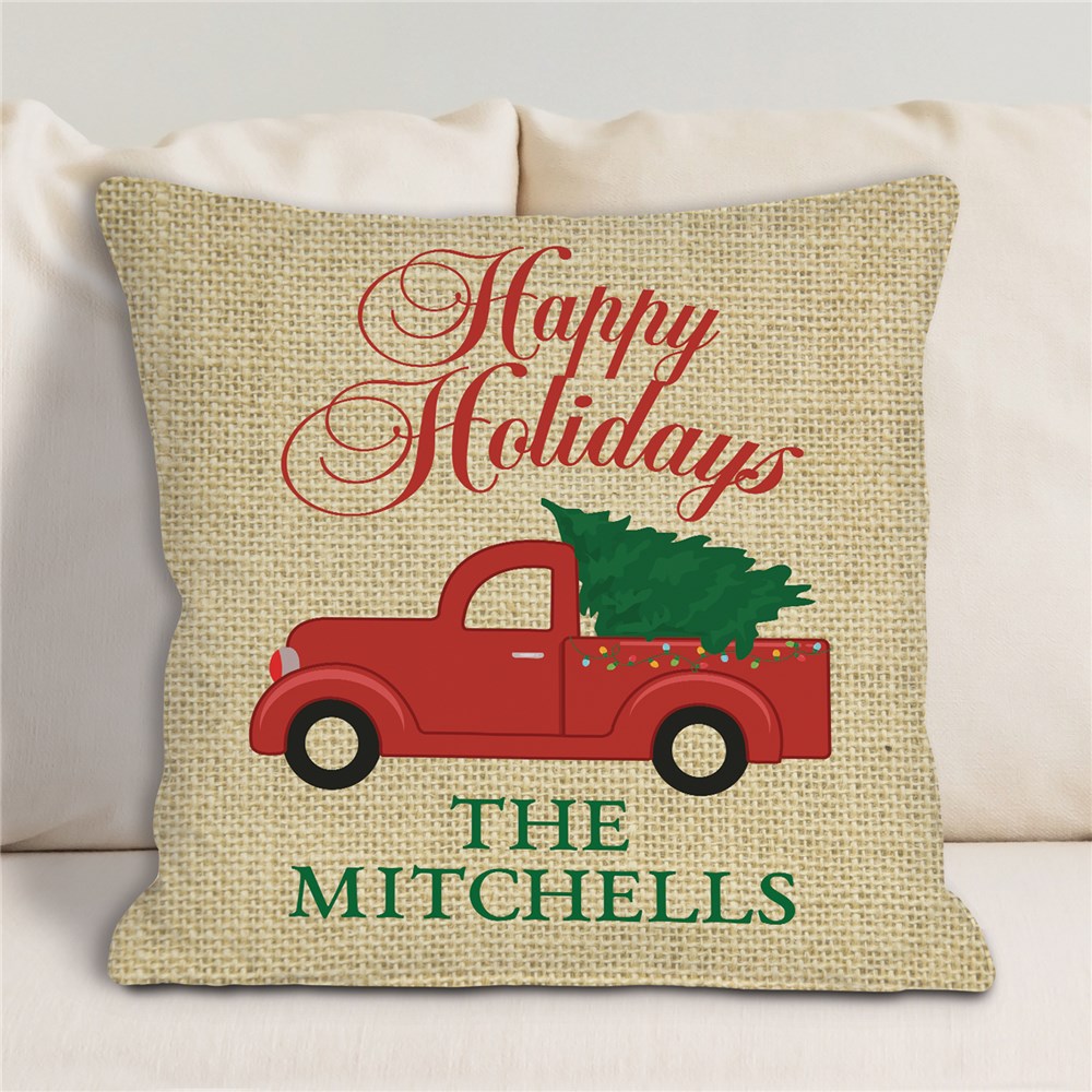 Red Christmas Truck Merry Christmas Or Happy Holidays Personalized Throw Pillow | Christmas Pillows