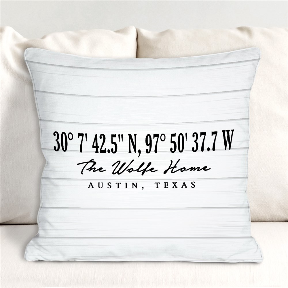 Personalized Coordinates with White Wood Throw Pillow GiftsForYouNow
