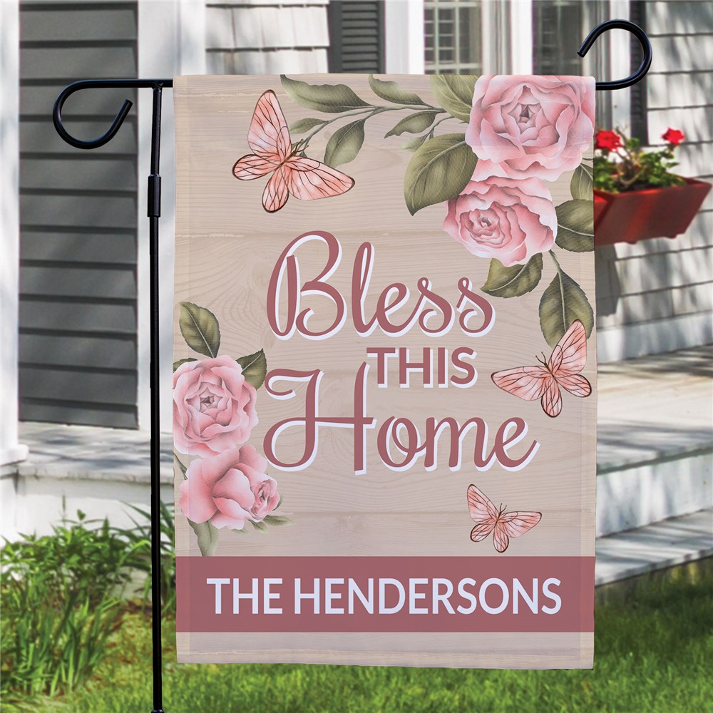 Personalized Bless This Home Pink Floral Garden Flag