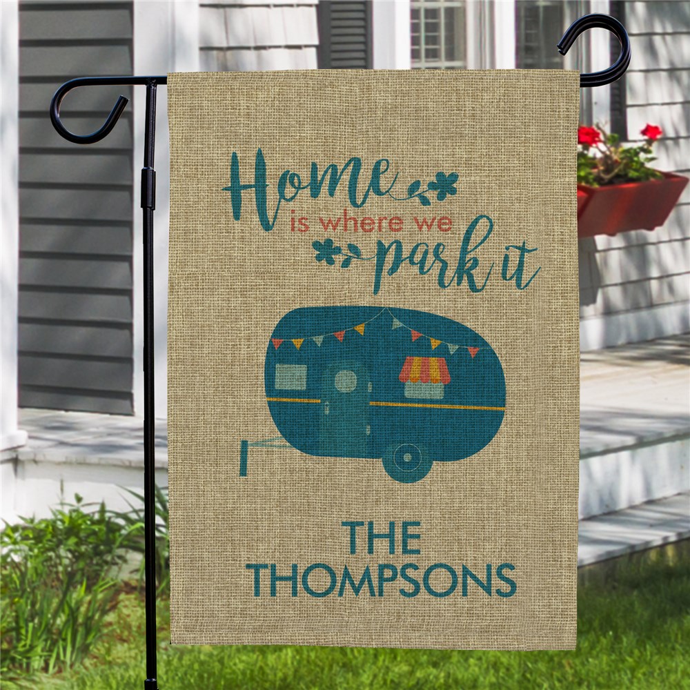 Personalized Home Is Where We Park It Burlap Garden Flag