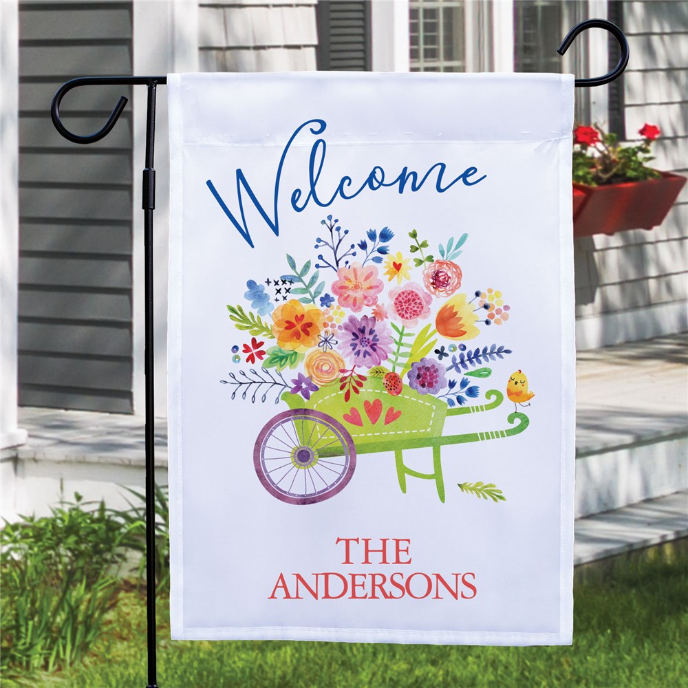 Personalized Wheelbarrow Filled With Flowers Garden Flag