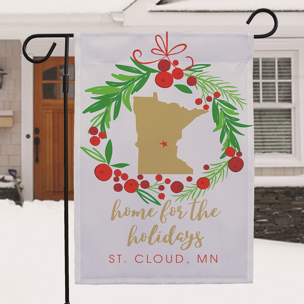 Personalized Home For the Holidays Garden Flag with State Shape
