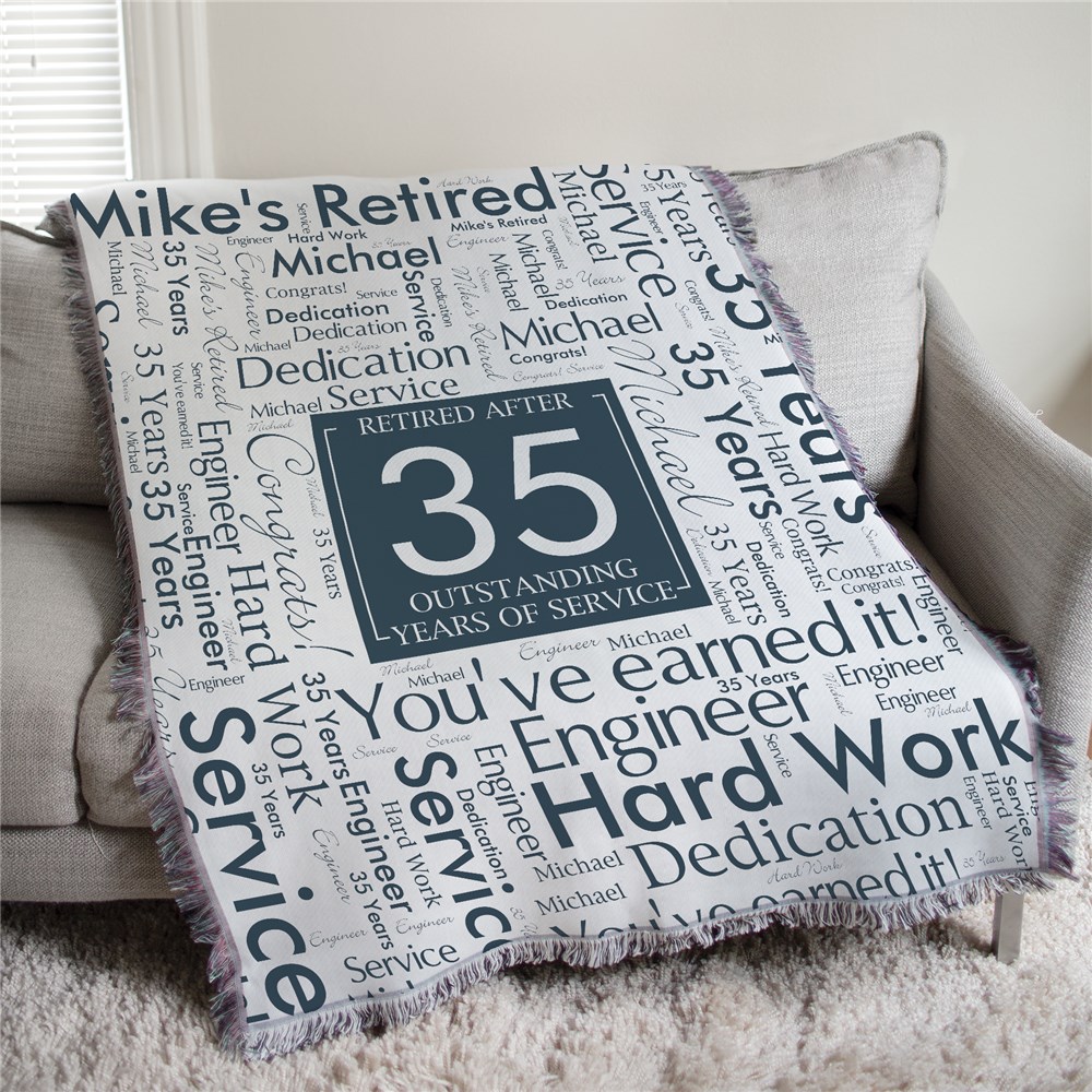 Personalized Retired After Years of Service Word Art Afghan Throw