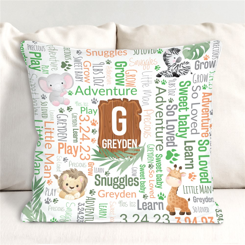 Personalized Word-Art Safari-themed Throw Pillow for Baby