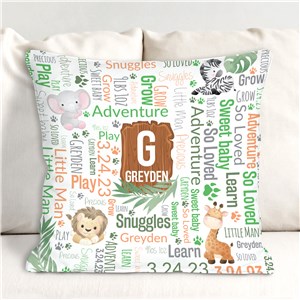 Personalized Word-Art Safari-themed Throw Pillow for Baby