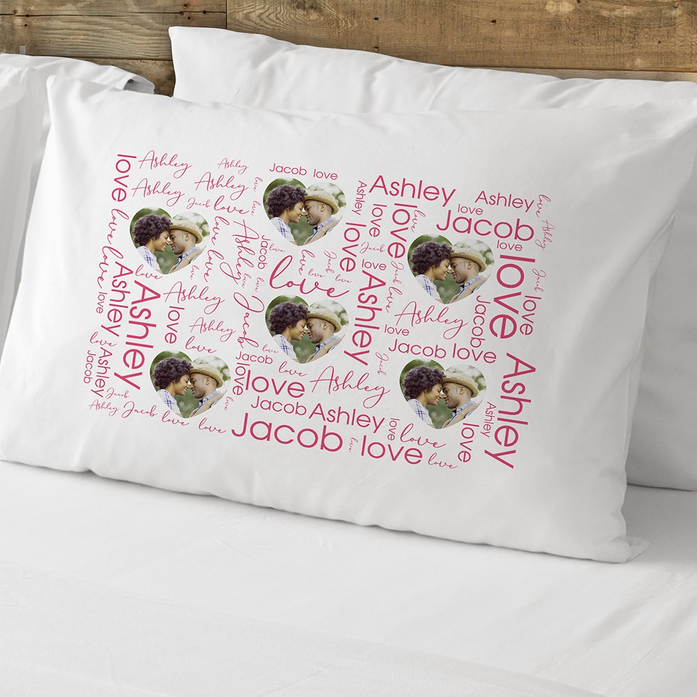 Personalized Word-Art Pillowcase with Heart-shaped Photo Design