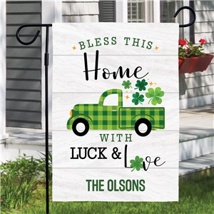 Bless This Home Custom Garden Flag With Green Plaid Truck