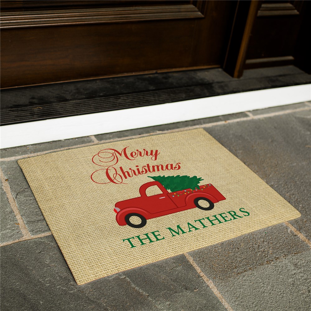 Merry Christmas Happy Holidays Personalized Doormat Red Truck
