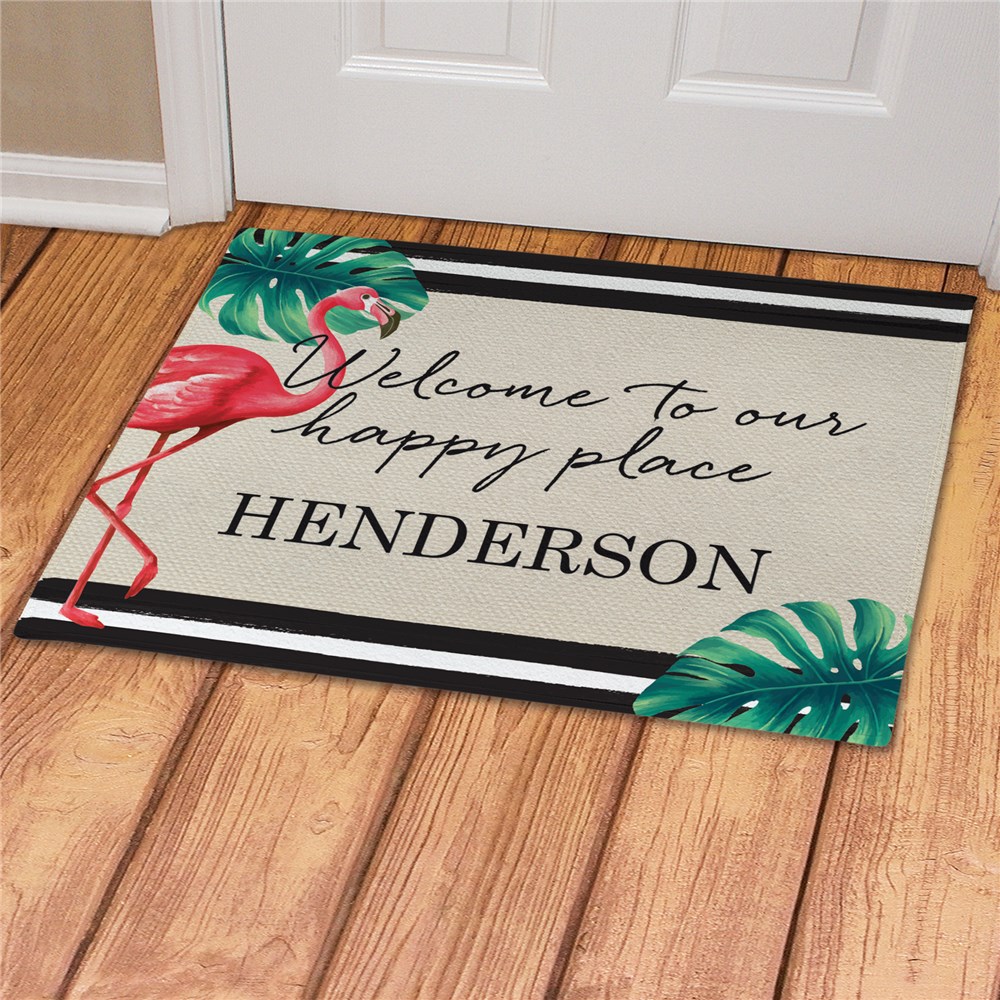 Personalized Welcome to Our Happy Place Flamingo Doormat