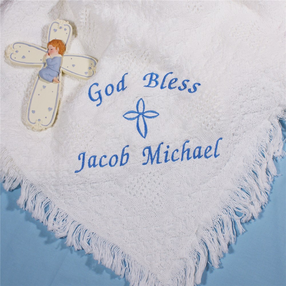 Embroidered God Bless Baby Boy Afghan | Personalized Baby Blankets