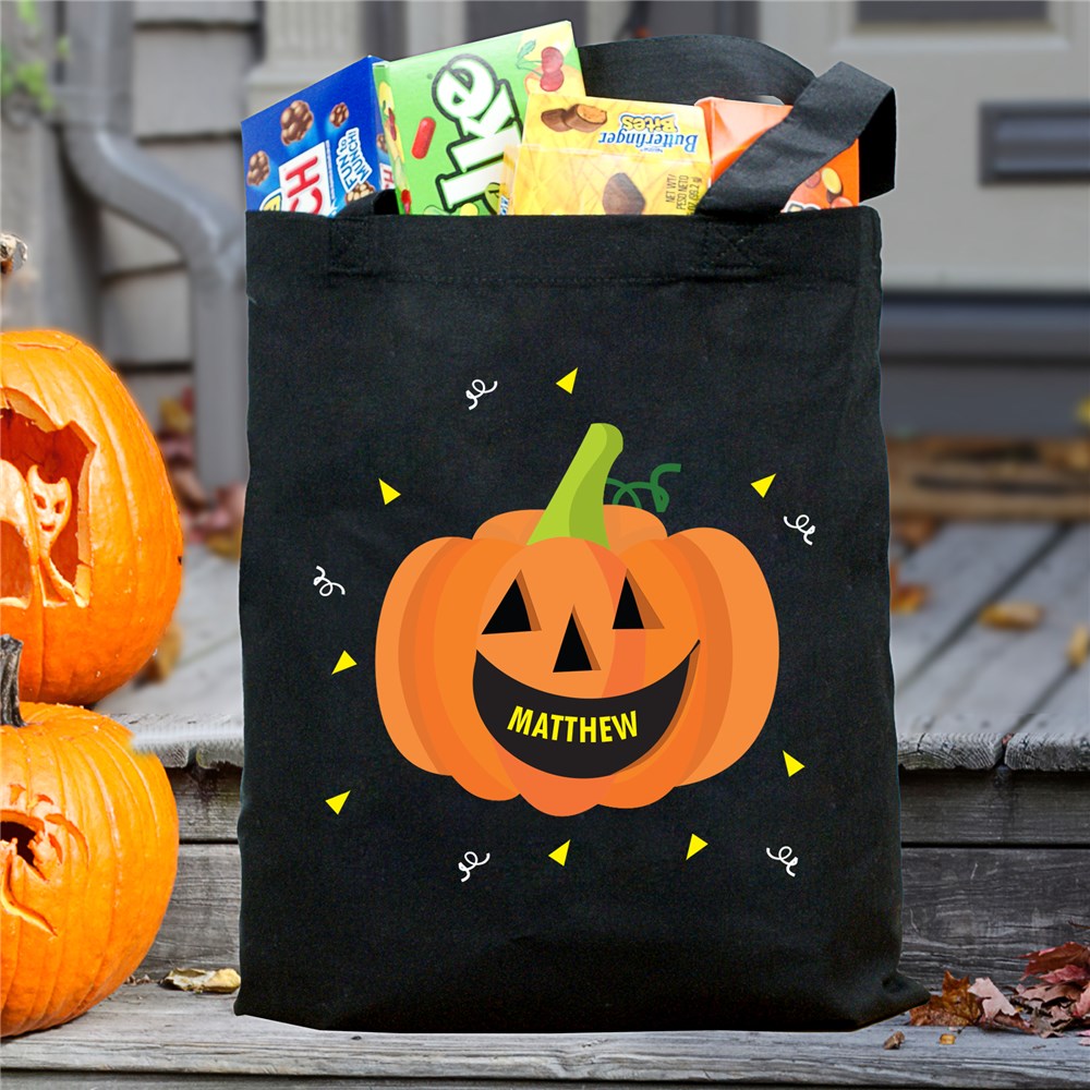 Personalized Pumpkin Trick or Treat Black Tote Bag | Personalized Halloween Bags