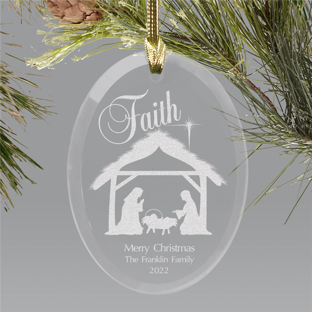 Engraved Nativity Oval Glass Ornament | Personalized Christmas Ornament