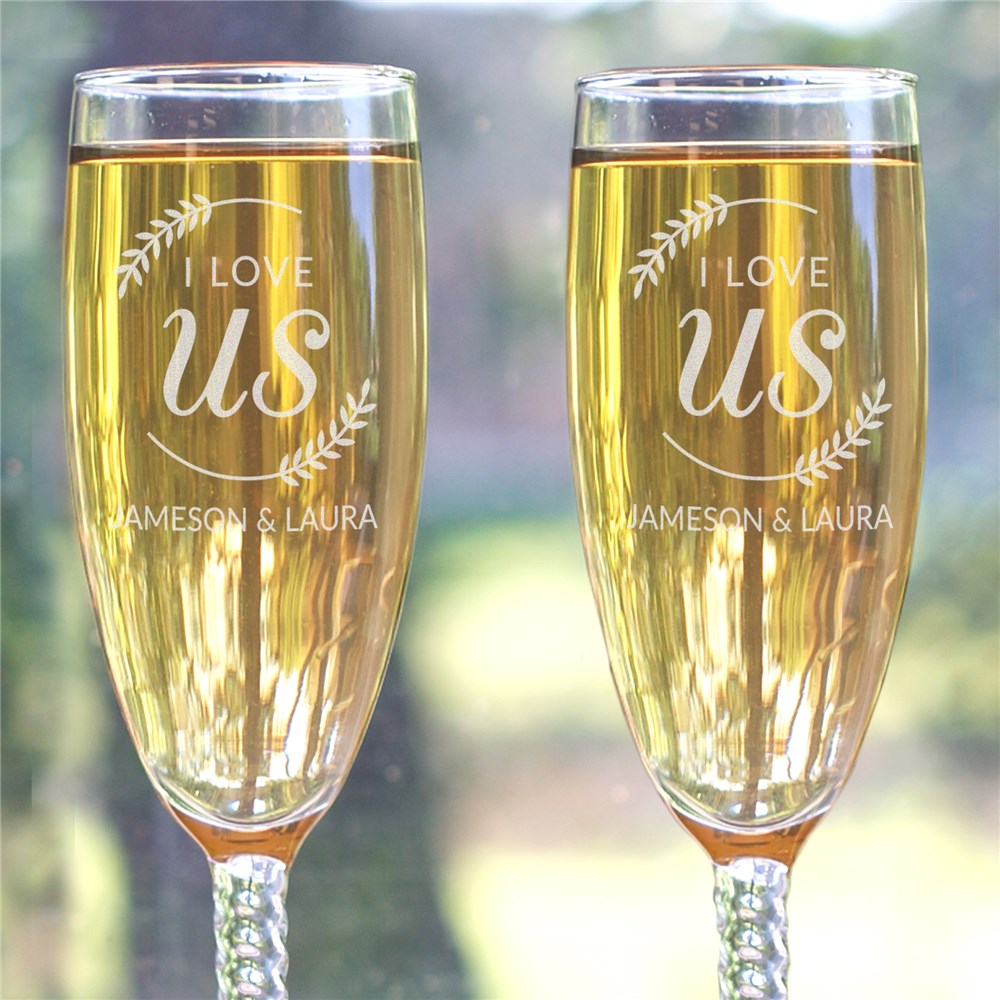 Engraved I Love Us with Branches Toasting Flute