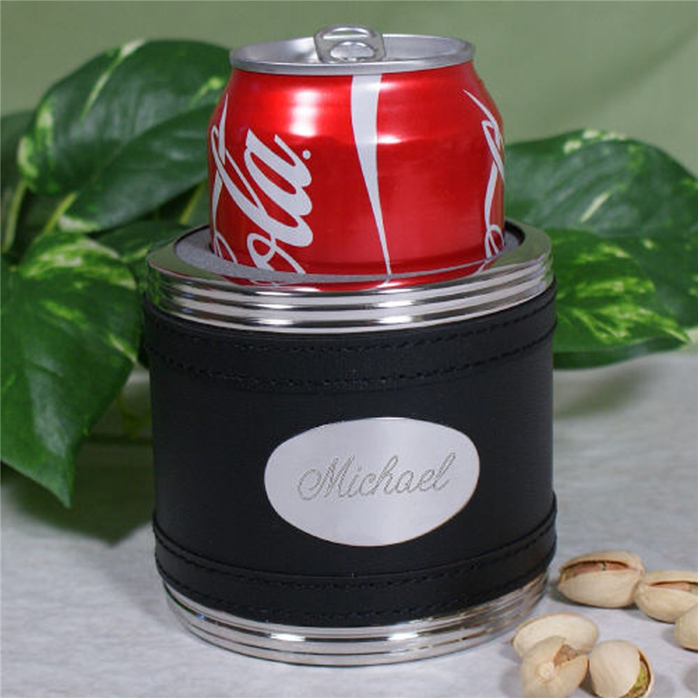 Black Leather Personalized Can Cooler | Groomsmen Gifts