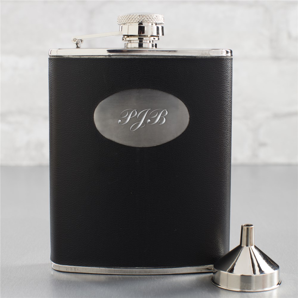 Black Leatherette Personalized Flask | Personalized Groomsmen Flasks