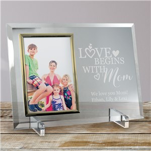 Engraved Love Begins with Mom Glass Picture Frame