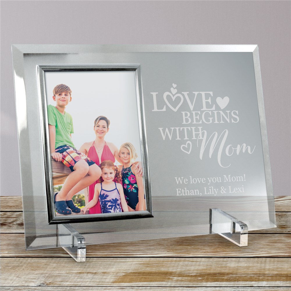 Engraved Love Begins with Mom Glass Picture Frame