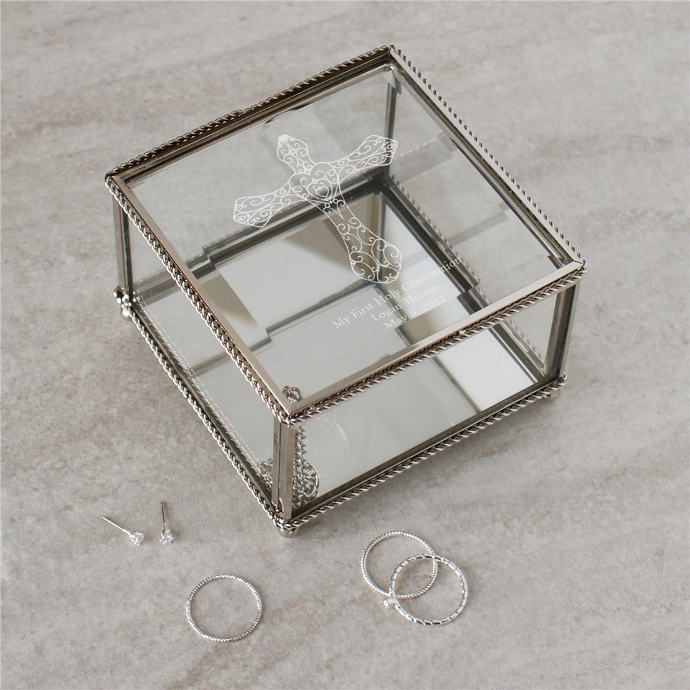 Engraved Cross Glass Jewelry Box