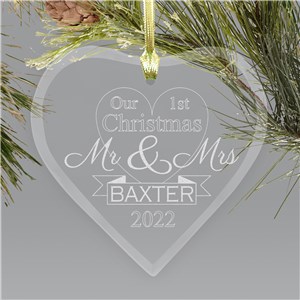 Engraved First Christmas as Mr and Mrs Glass Heart Ornament | Couples First Christmas Ornament
