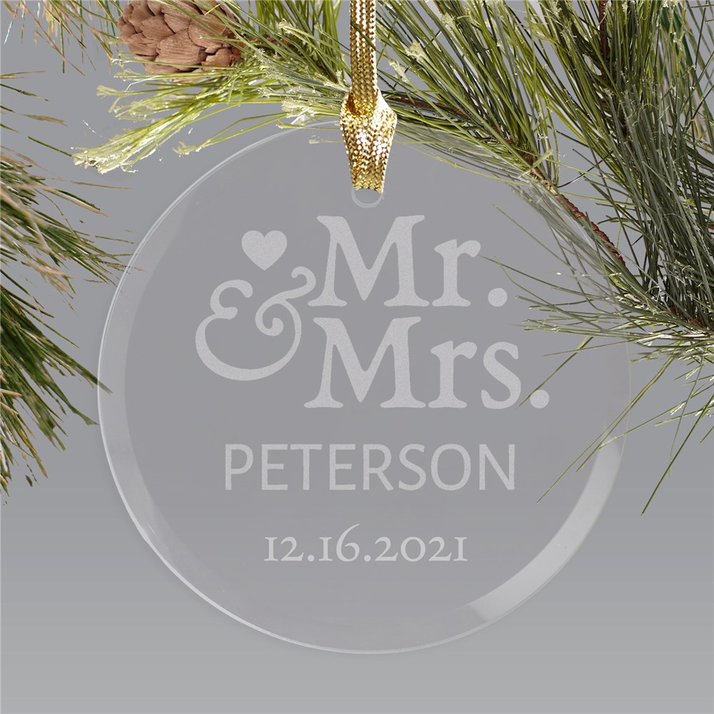 Engraved Mr. & Mrs. Round Glass Ornament | Couples First Christmas Ornament