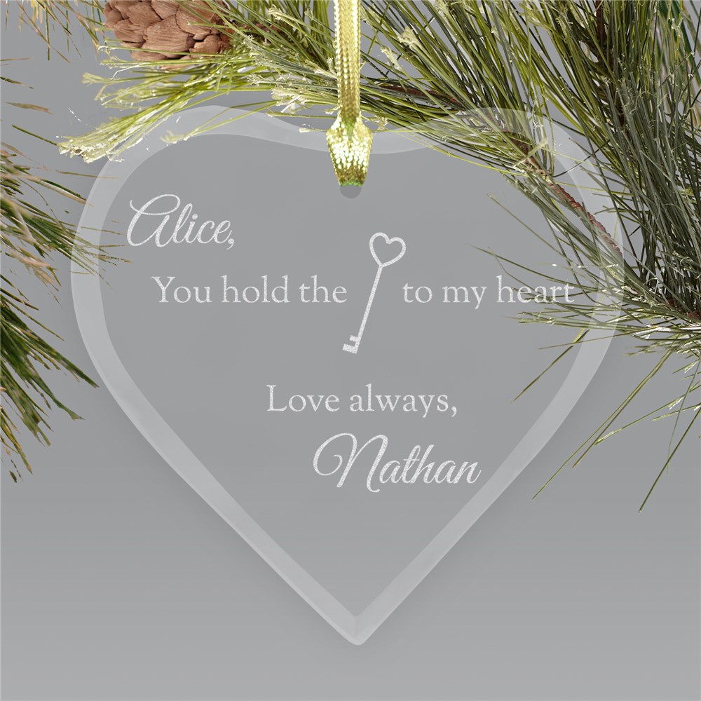 Engraved Key to My Heart Glass Ornament | Personalized Couples Ornament