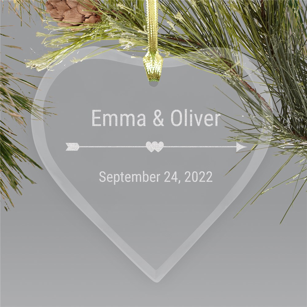 Engraved Cupid's Arrow Glass Heart Ornament | Personalized Couples Ornament