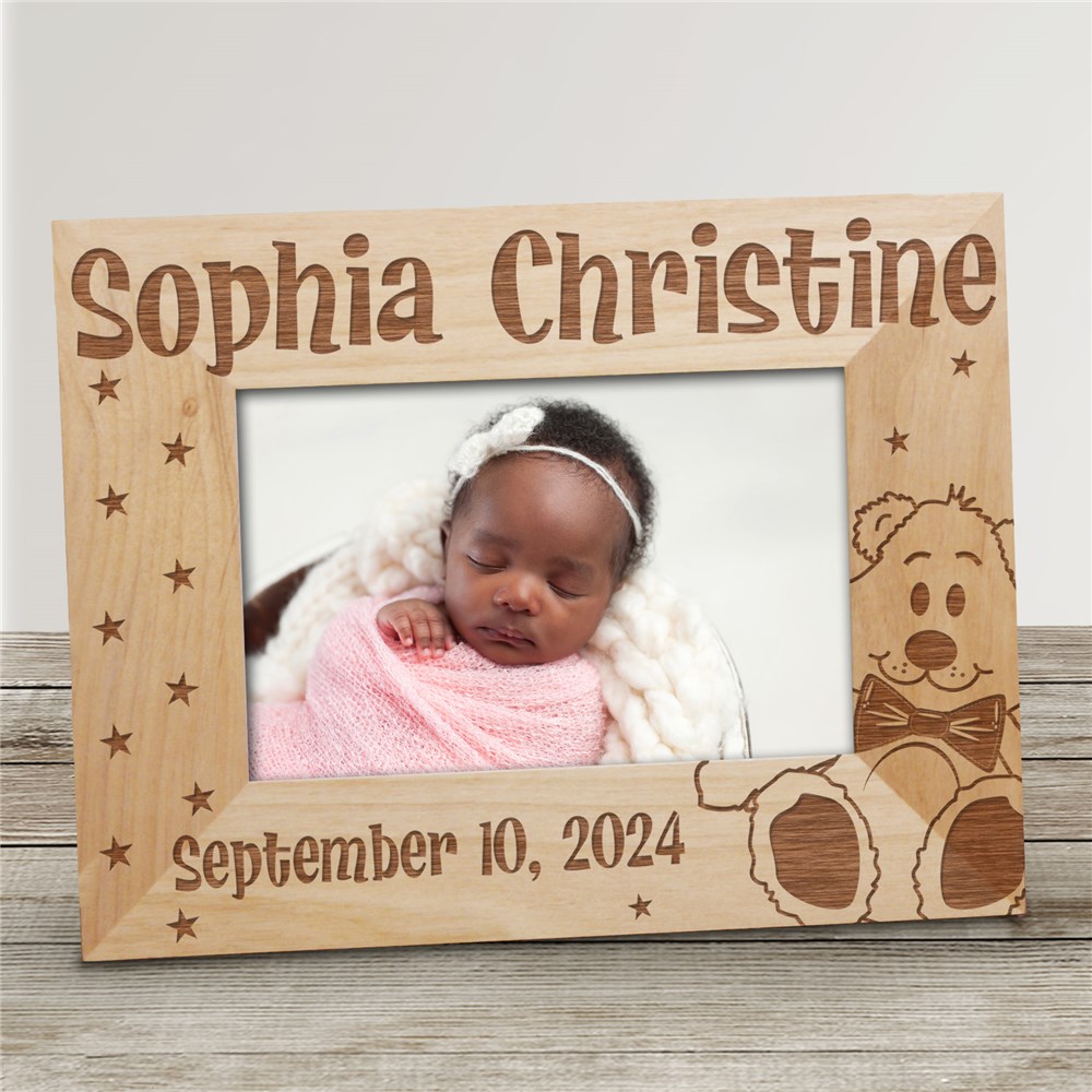 New Baby Engraved Teddy Bear Stars Wood Picture Frame GiftsForYouNow