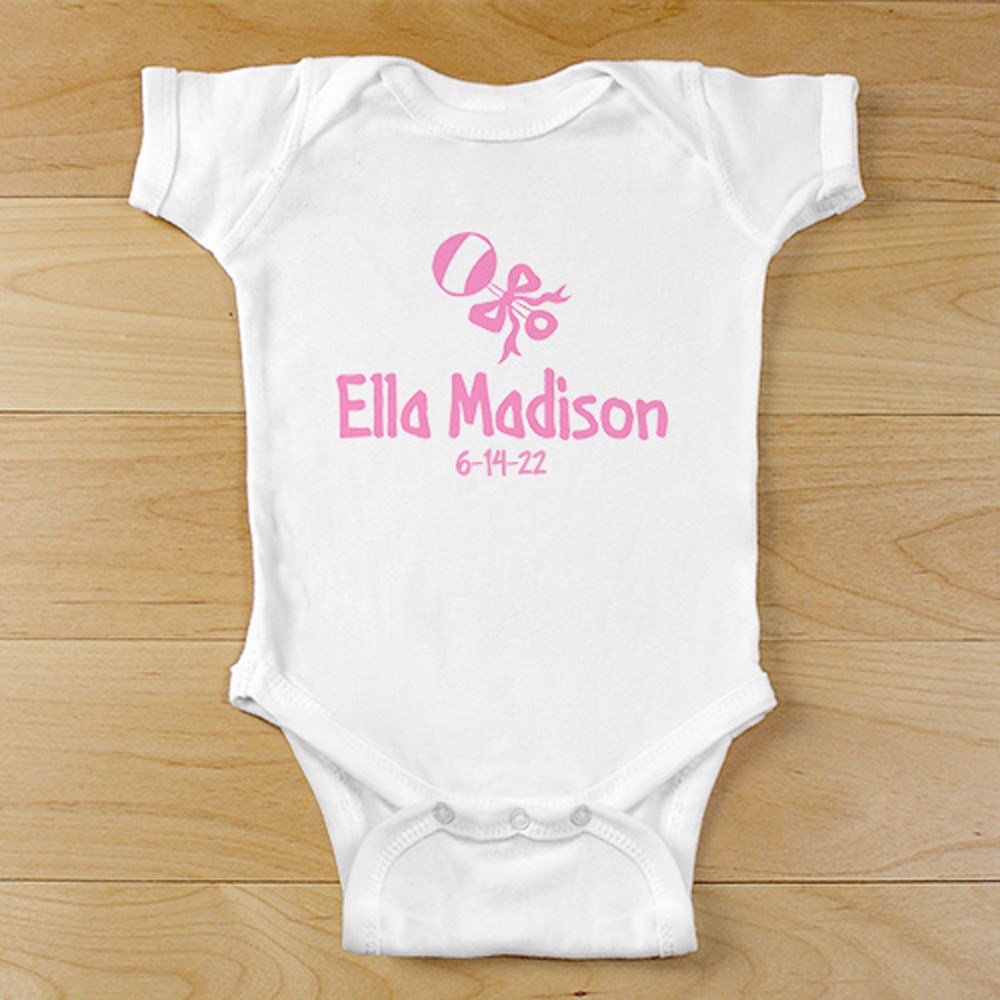 New Baby Girl Rattle and Bow Personalized Infant Bodysuit | Personalized Baby Girl Gifts