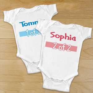 Let everyone know who arrived first and who arrived second with our Personalized Twin Infant bodysuit. Includes FREE Personalization Customize your Personalized Gifts For Twin Babies with any name. Please specify 1 of 2 or 2 of 2 and select color (pink or blue).
