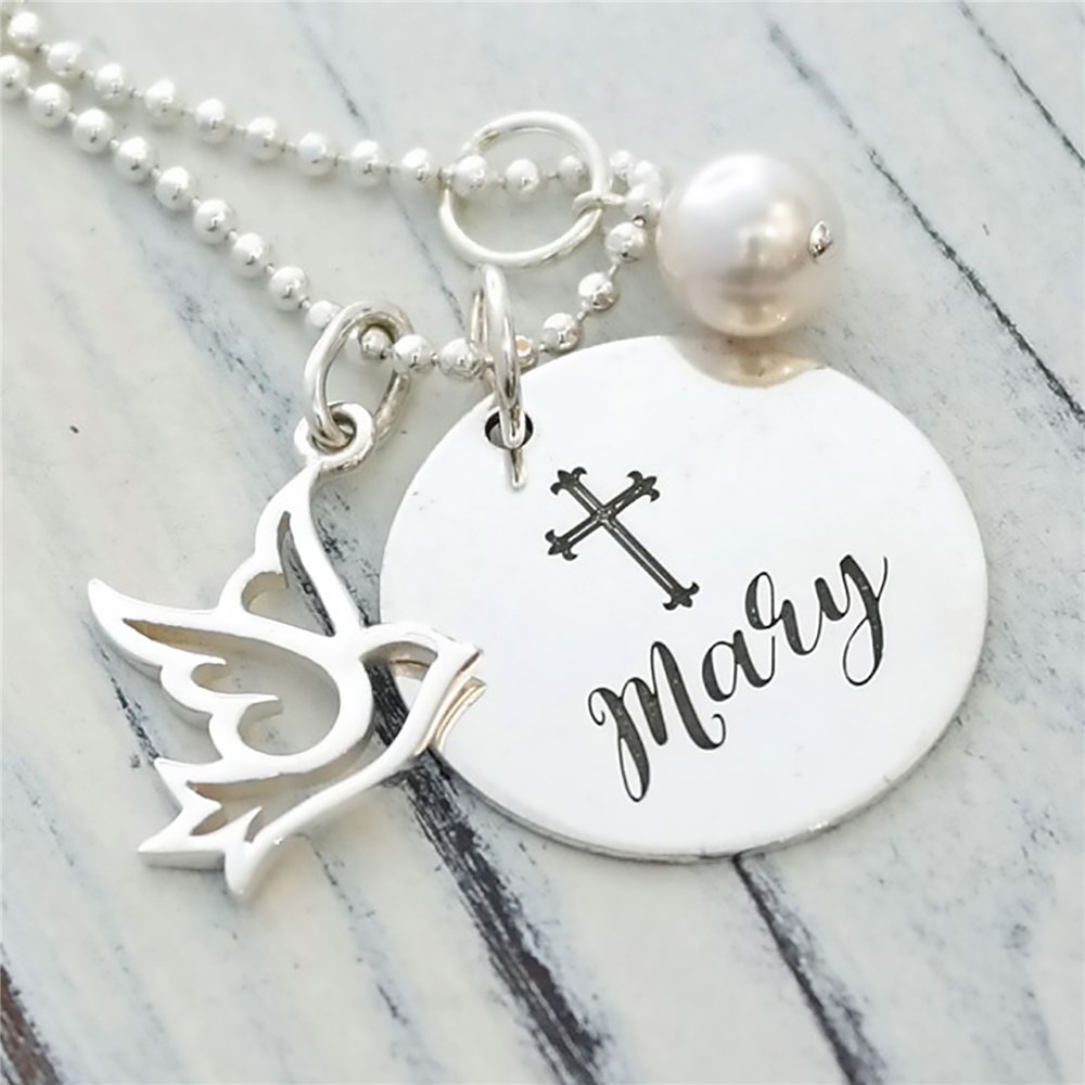 Dove and Cross Hand Stamped Necklace GiftsForYouNow