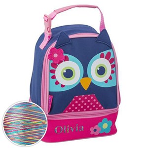 Personalized Blue Owl Lunch Pal with Rainbow Thread