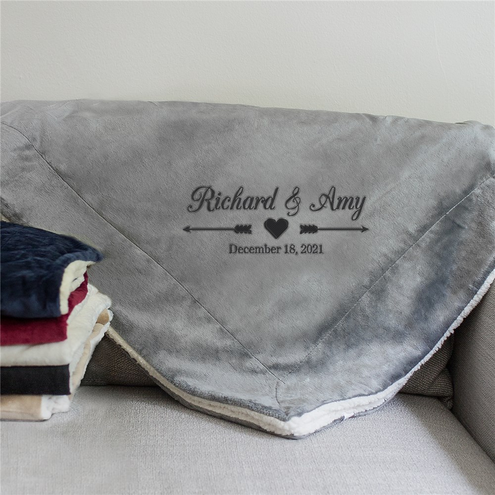 Embroidered Arrows and Heart Wedding Sherpa blanket