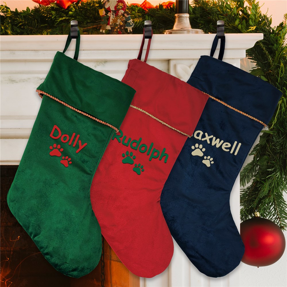 Embroidered Velvet Pet Christmas Stocking With Gold Detail