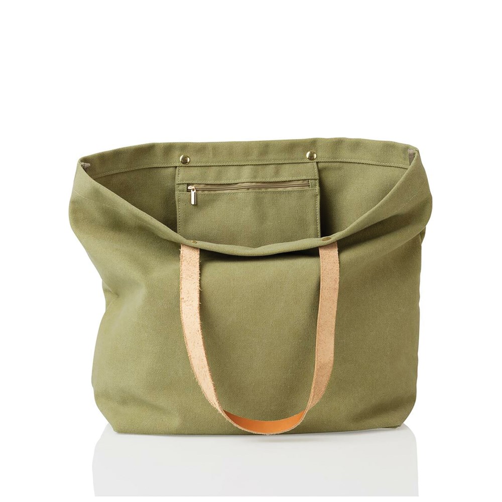 Green Washed Canvas Tote Embroidered with Initials