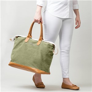 Green Washed Canvas Weekender Bag with Embroidered Initials