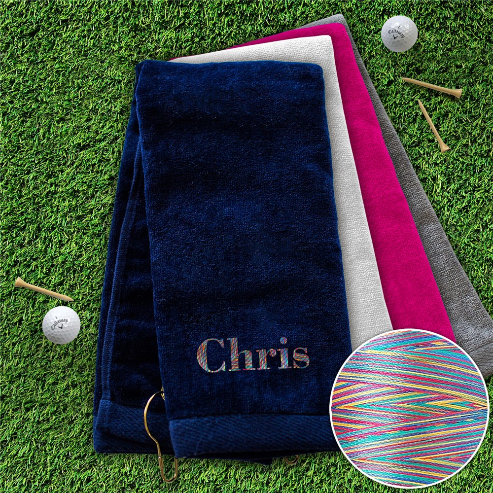 Embroidered Name Golf Towel with Rainbow Thread
