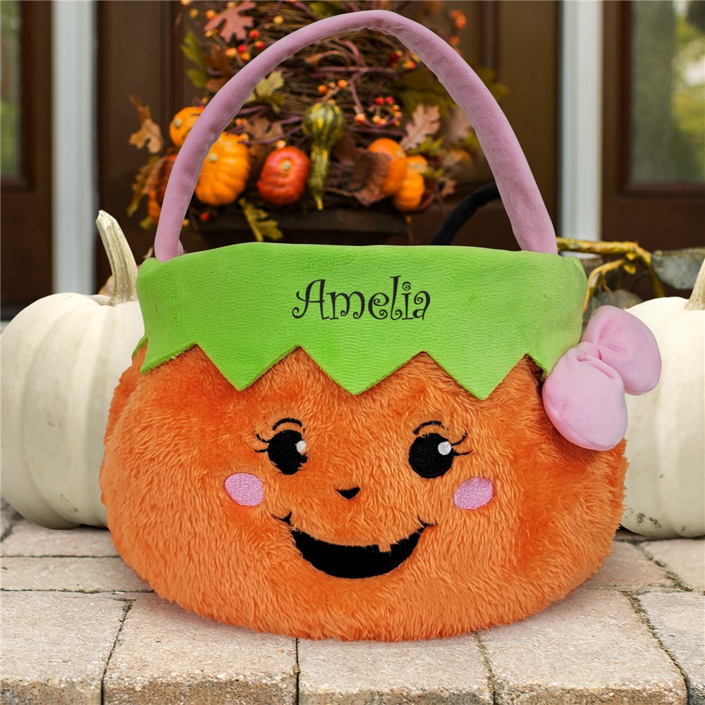 Embroidered Girl Pumpkin Halloween Basket Personalized With Name