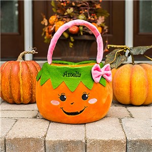 Personalized Girl Pumpkin Halloween Basket With Pink Bow