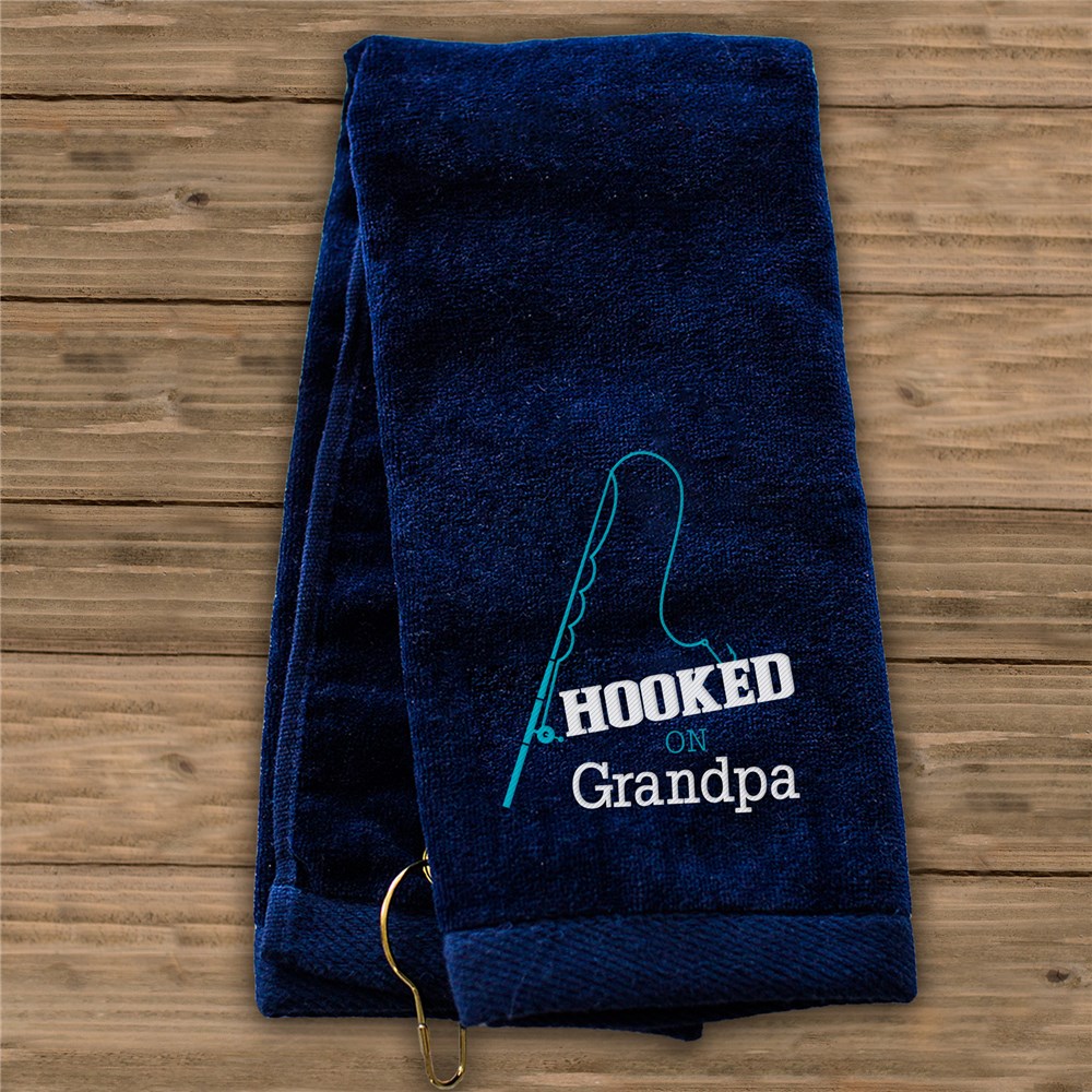 Embroidered Hooked on Grandpa Fishing Towel | Personalized Fishing Gifts