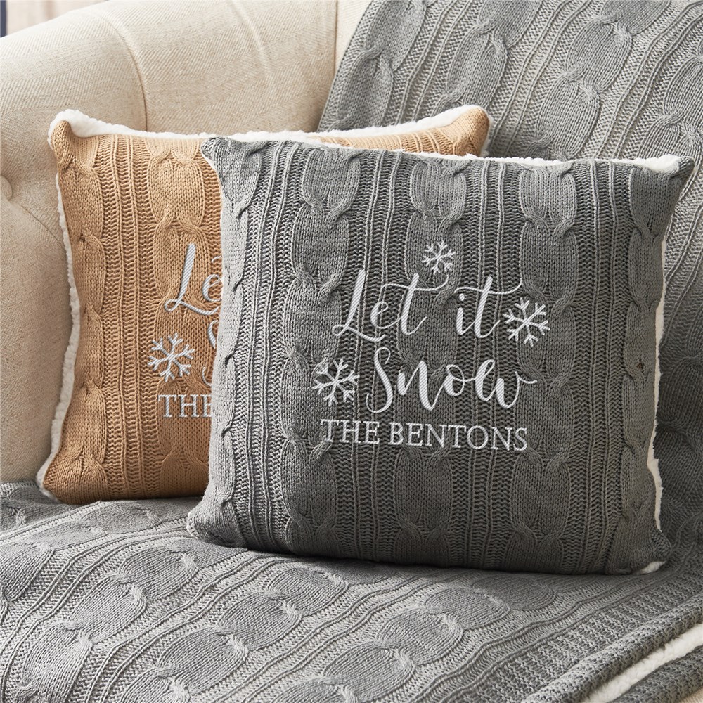Embroidered Let It Snow Cable Knit Throw Pillow Set