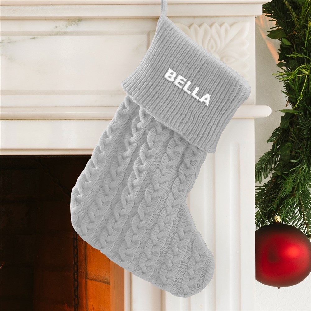 Vintage Style Gray Cable Knit Christmas Stocking