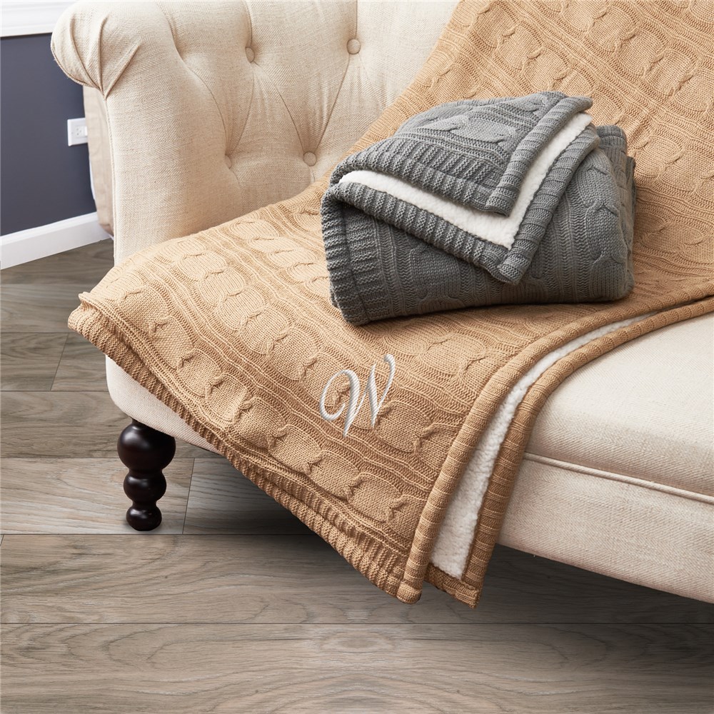 Embroidered Initial Cable Knit Sherpa Blanket GiftsForYouNow