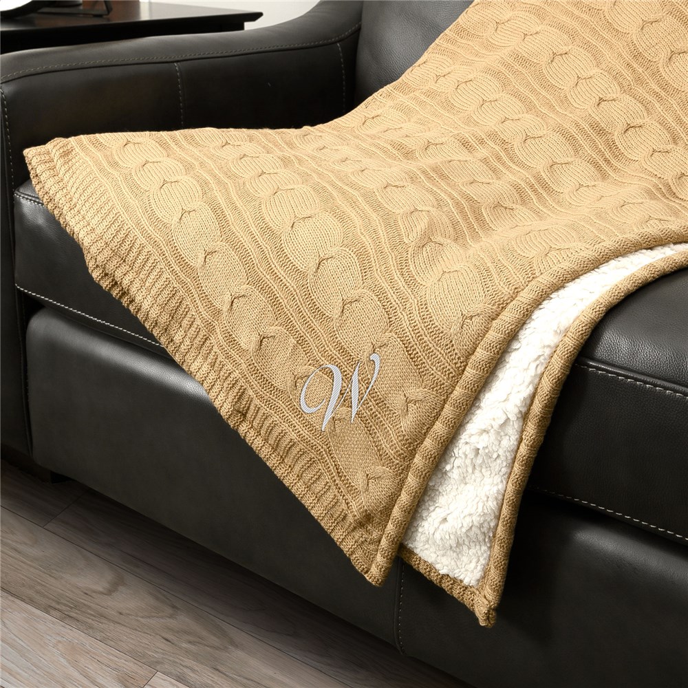 Embroidered Initial Blanket | Personalized Cable Knit Blanket