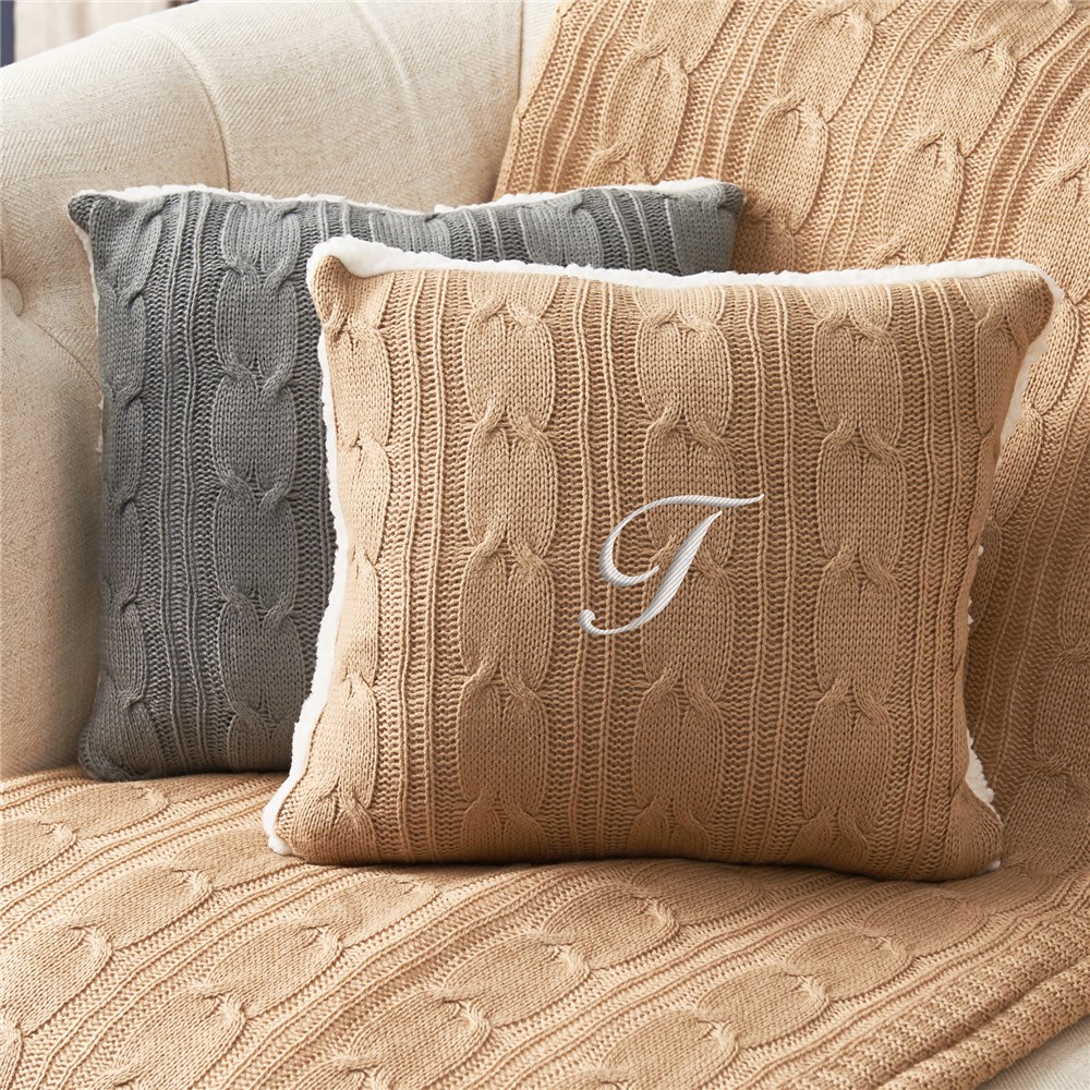Embroidered Initial Knit Pillow | Embroidered Cable Knit Pillow