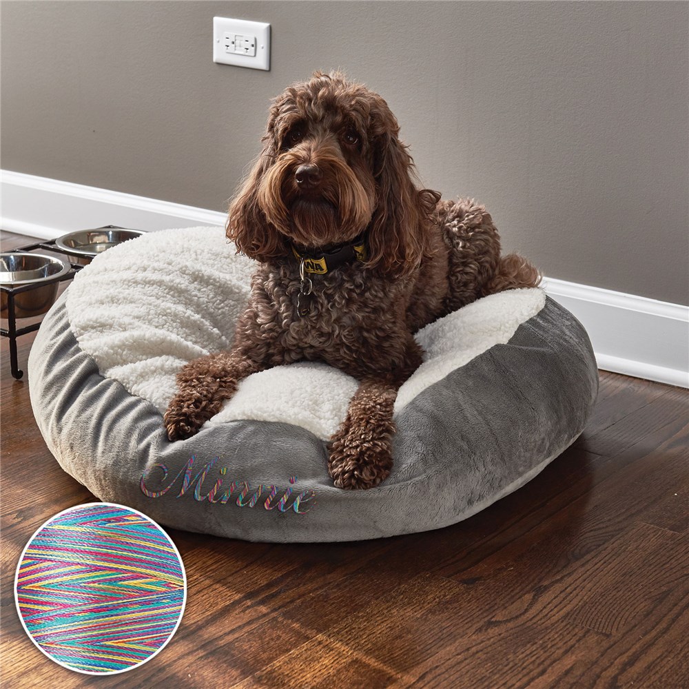 Embroidered Sherpa Dog Bed with Rainbow Thread