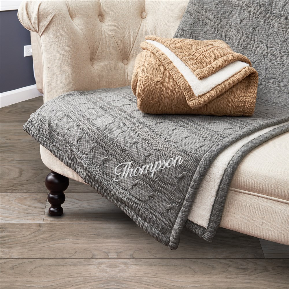 Cable Knit Sherpa Blanket | Embroidered Knit Blanket