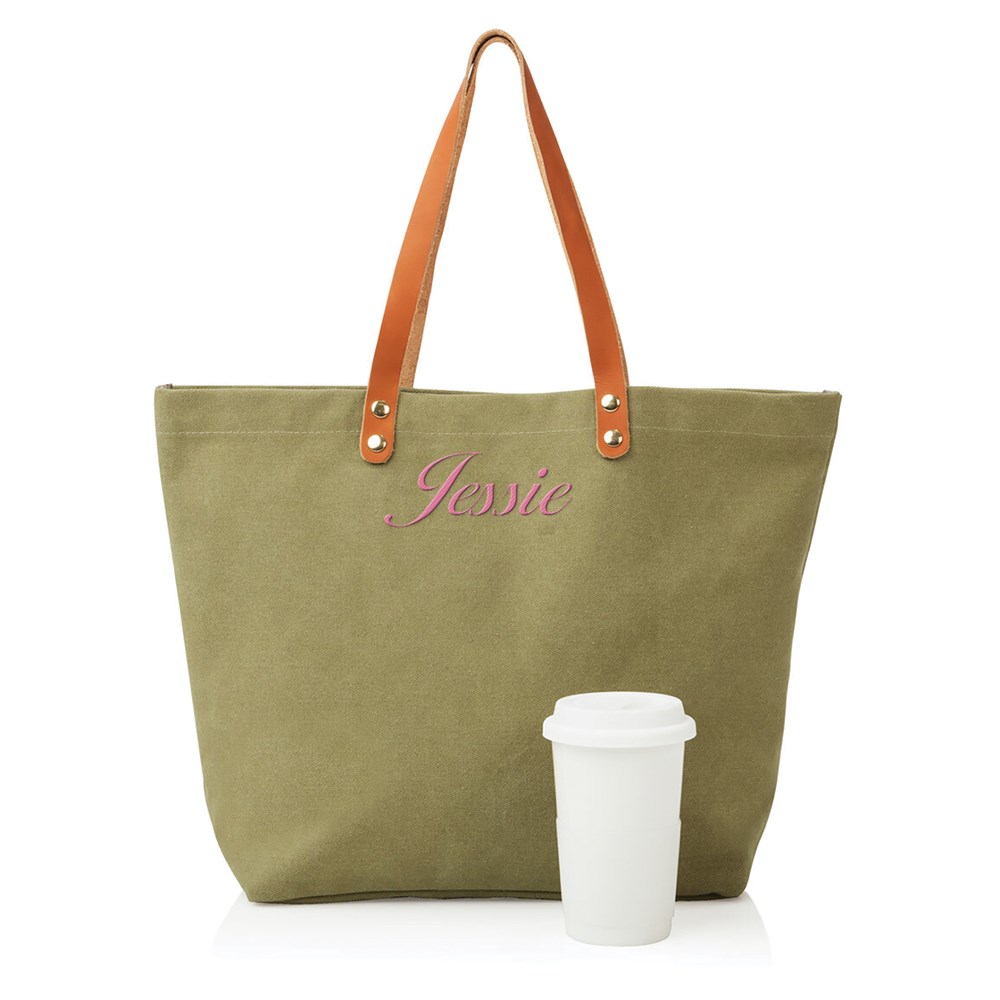 Washed Canvas Green Tote Embroidered with Name