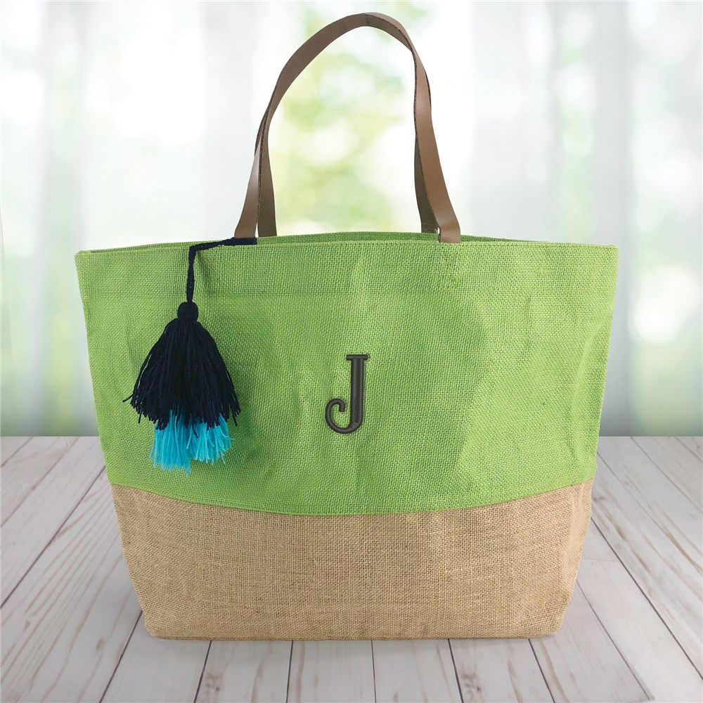 Embroidered Initials Color Block Jute Tote Bag GiftsForYouNow