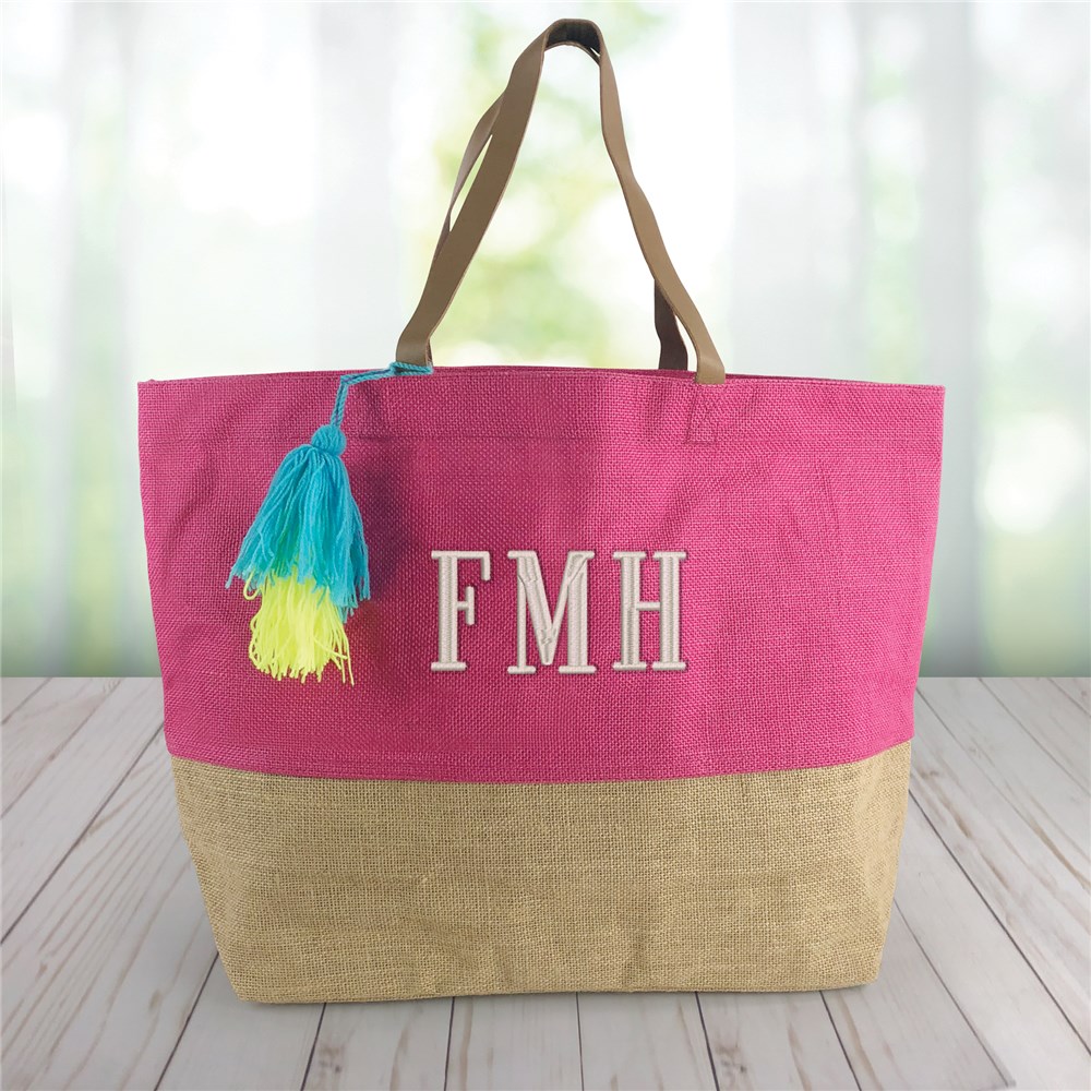 Embroidered Initials Color Block Jute Tote Bag GiftsForYouNow